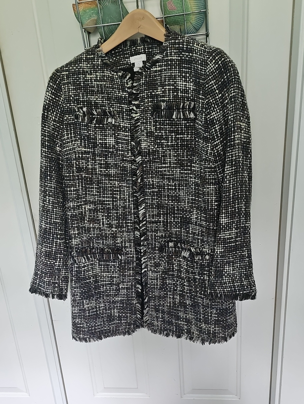 Chico's Traveler- Black, White and Grey  Tweed Fringe-Trim Coat Size 0